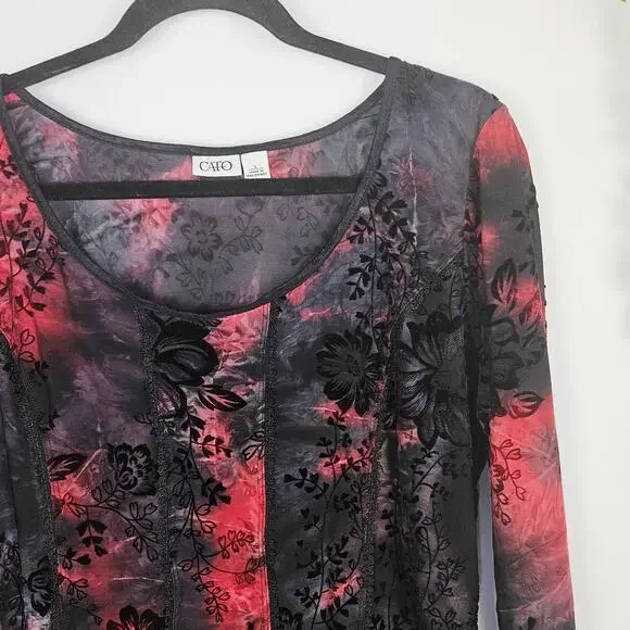 Cato Floral Red Black Burnout Top Sz Large Sheer Gothic Romantic Stretch Blouse - Picture 3 of 14